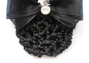 Professional hair net bow barrette for workplace, elegant hair accessory with mesh and pearl.