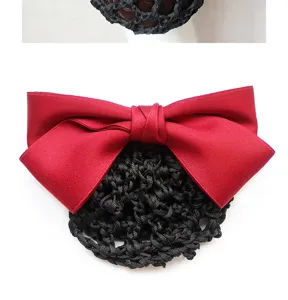Detailed close-up view of red satin hair bow with black snood net for nurse and work wear.
