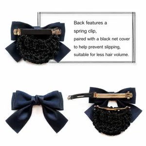 Dark blue satin hair bow clip with detachable net, elegant professional bun hair accessory for women.