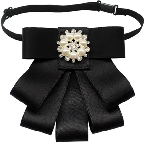 Women professional black ribbon bow tie with pearl rhinestone brooch for bank nurse uniform.