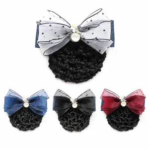 Professional hair net bun cover with polka dot bow spring clip hair accessory 4 colors