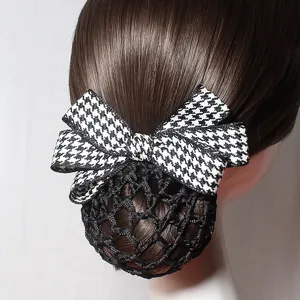 Fermaglio per capelli con fiocco pied-de-poule professionale e retina nera per chignon