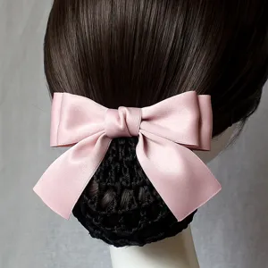 Pink satin bow hair net bun cover professional simple hair accessory for women nurse styling