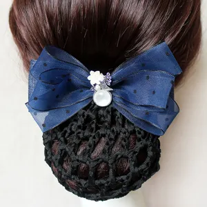 Navy blue mesh bow hair net clip, professional hair accessory with floral pearl decor.
