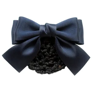 Dark blue satin bow hair net, professional bun cover hairpin for nurse and daily office wear.