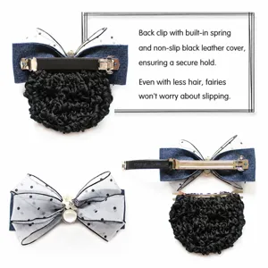 Professional hair net bow spring clip with polka dot mesh and detachable bun cover for women.