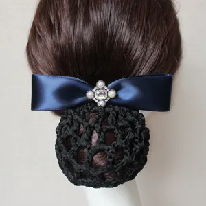 Retina per capelli in fiocco di raso blu scuro elegante cristallo perla accessorio per chignon