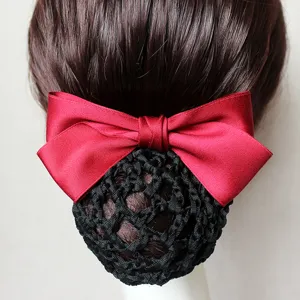 Elegant red satin bow hair net for women professional work bun cover hair accessory.