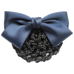 Professional nurse hair net with dark blue satin bow, elegant updo hair accessory for work.