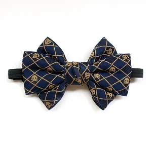 Childrens navy blue gold skull patterned bow tie adjustable elastic neck accessory 12x7cm