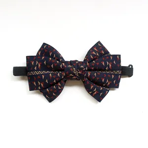 Classic navy blue geometric pattern bow tie with adjustable elastic strap for children and men.