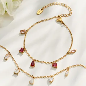 Gold-plated chain bracelet anklet with colorful teardrop zircon charms for women daily wear.