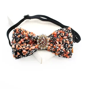 Detailed shot of handmade crushed stone gemstone bow tie with elastic strap for men wedding.