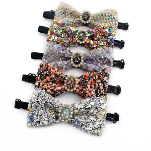 Handmade Crystal Rhinestone Bow Tie Men Wedding Party Bowtie Shell Crushed Stone Elegant Neckwear