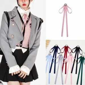 JK Uniform Ribbon Bow Tie Women Fashion Accessories Polyester Silk Artificial Pearl Rhinestone Decorated Collar Flower Brooch Pin