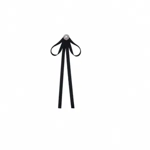 Black JK uniform ribbon bow tie accessory with rhinestone pearl center, approx 10x24cm.