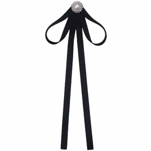 Black JK uniform ribbon bow tie with elegant pearl rhinestone brooch for women shirt accessory