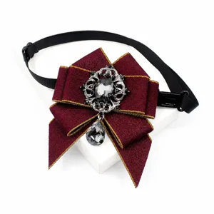 Vintage Rhinestone Bow Tie Elegant Party Performance Collar Flower Burgundy Ribbon