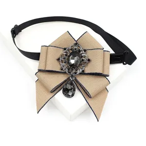 Vintage crystal rhinestone bow tie, detailed view of elegant khaki neckwear accessory