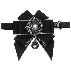 Vintage black bow tie with sparkling crystal rhinestone centerpiece and gold trim for formal wear.