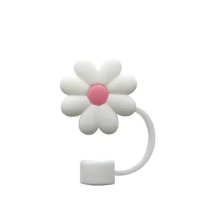Silikon Strohhalm Abdeckung Detailansicht, weiße Blume mit rosa Mitte für große Becher.