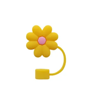 Gelbe Blumen Silikon Strohhalmabdeckung Detail, süße 10mm Staubkappe für große Becher.