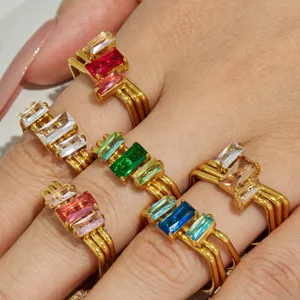 Luxury Stainless Steel Open Ring Multi-Layer Geometric Rectangle Rhinestone Adjustable Finger Ring For Women Fashion Jewelry Accessories