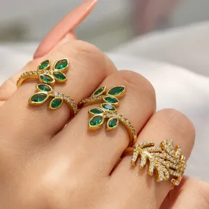 Stainless Steel 18K Gold Plated Leaf Zirconia Ring For Women Minimalist Light Luxury Niche Botanical Design Finger Jewelry