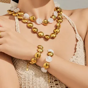 Simple Stainless Steel Gold Plated Necklace Bracelet Jewelry Set For Women Vintage Beaded Round Disc Necklace Bracelet Set Jewelry