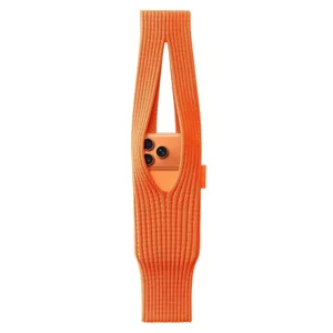 Bright orange knitted phone bag with handle strap stylish polyester phone pouch for daily use