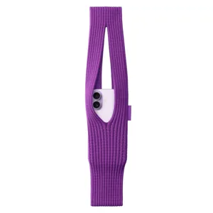 Purple knitted phone bag variant, stylish woven crossbody sleeve for mobile devices.