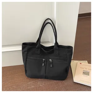 Black Canvas Tote Bag Japanese Minimalist Casual Shoulder Bag with Zipper Pockets