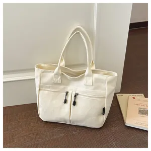 Japanese minimalist canvas tote bag with double zipper front pockets casual daily handbag