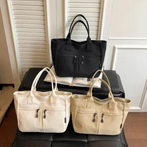 Casual Canvas Tote Bag For Women Minimalist Large Capacity Commuter Handbag Zipper Daily Shoulder Bag Top Handle