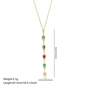 Elegante französische geometrische mehrfarbige Zirkon Lariat Halskette, goldene Kette.