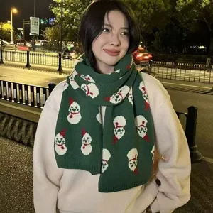 Women's winter warm knitted scarf with cute snowman pattern, green Christmas holiday style accessory.