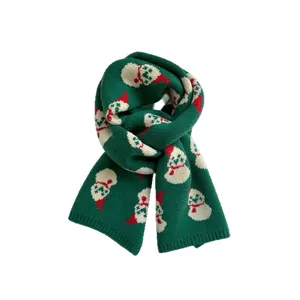 Green Christmas snowman knitted scarf for women, warm winter fashion neckerchief gift.