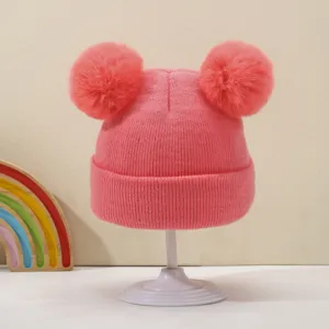 Cute pink baby knit hat with double pom poms warm winter fleece beanie for infants and toddlers