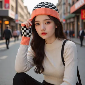Gros plan détaillé d'un ensemble élégant de bonnet et gants en tricot à motif damier.