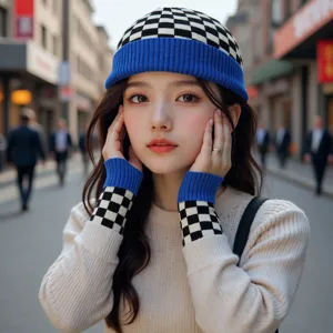 Vue détaillée du bonnet en tricot à carreaux pour femmes et de son ensemble de gants.