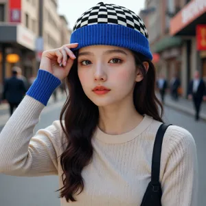 Ensemble bonnet et manches en tricot pour femme, motif damier noir blanc hiver chaud chic.