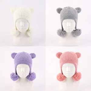 Kids cute bear ear knitted hat with double pom poms windproof earflap winter beanie cap