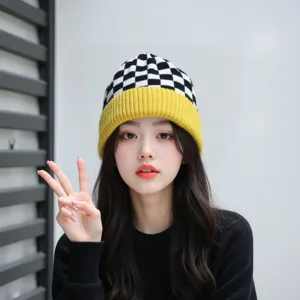 Ensemble Bonnet Et Gants En Tricot À Damier Pour Femmes Hiver Chaud Acrylique Décontracté Chapeau Élégant
