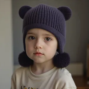 Cute kids bear ear beanie hat with pom poms, warm winter knit cap for toddlers and kids.