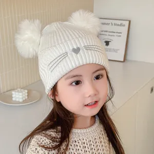 Kids Winter Warm Knitted Beanie Hat Cute Cat And Unicorn Embroidery Fur Pom Pom Cap For Children Daily Wear