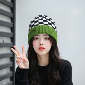 Femme Hiver Bonnet Tricoté Damier Rebord Vert Mode Chaud Bonnet Chapeau Streetwear