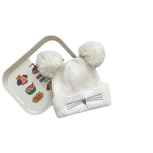 Kids winter knit beanie hat with double pom poms cute warm autumn children cap white