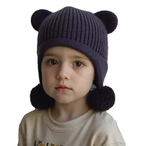 Cute toddler bear ear knit hat with pom poms, warm winter earflap beanie for kids.