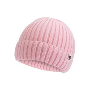 Gorro de punto rosa para niños, cómodo gorro de invierno acanalado con vuelta.