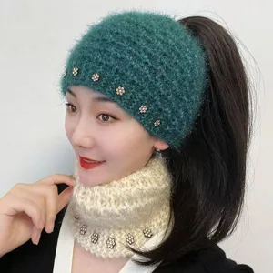 Women winter thick knitted headband and scarf set with rhinestones warm detail view.